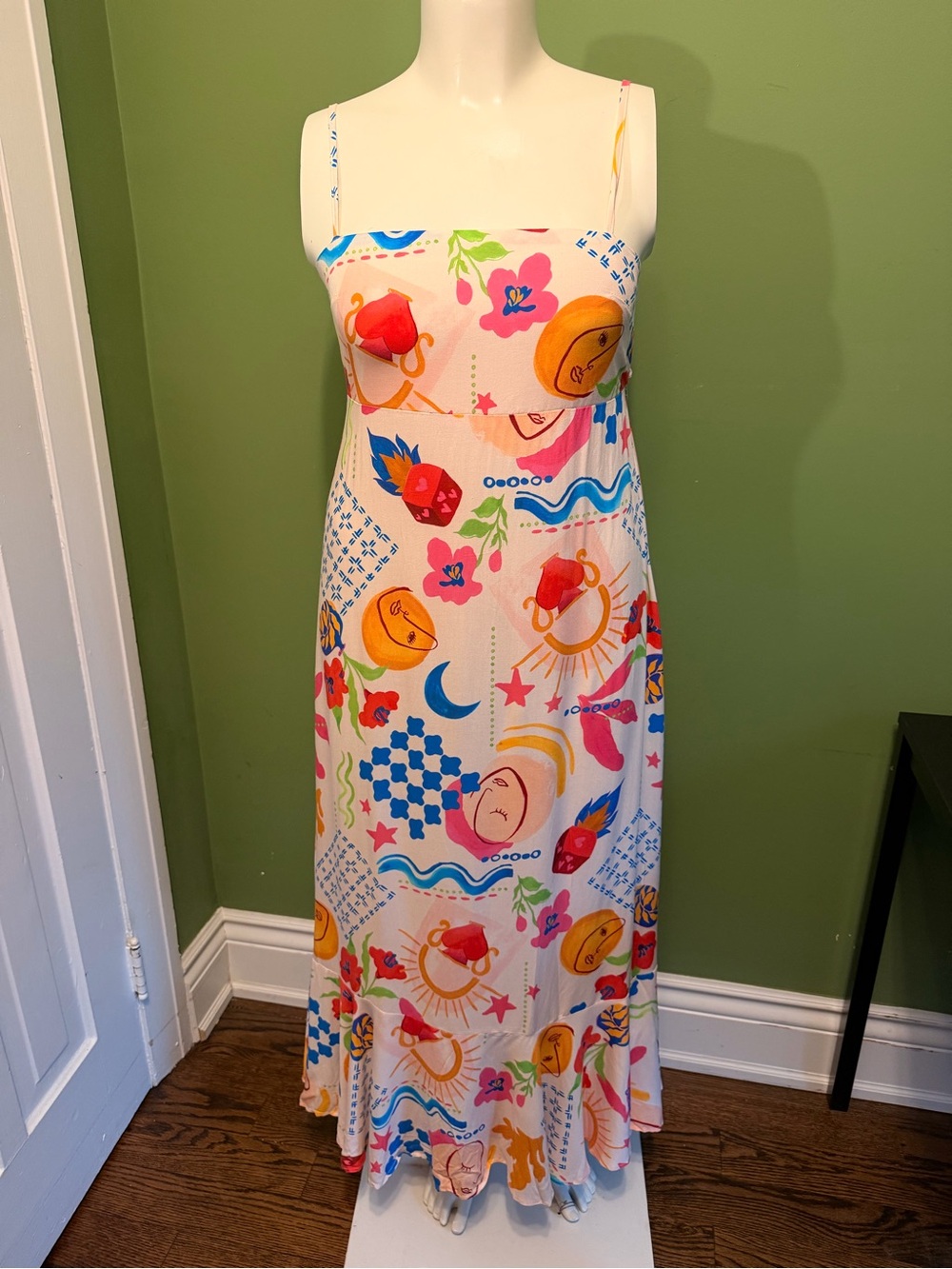 PAPER HEART Whimsical Sun & Floral Maxi Dress with Spaghetti Straps size M